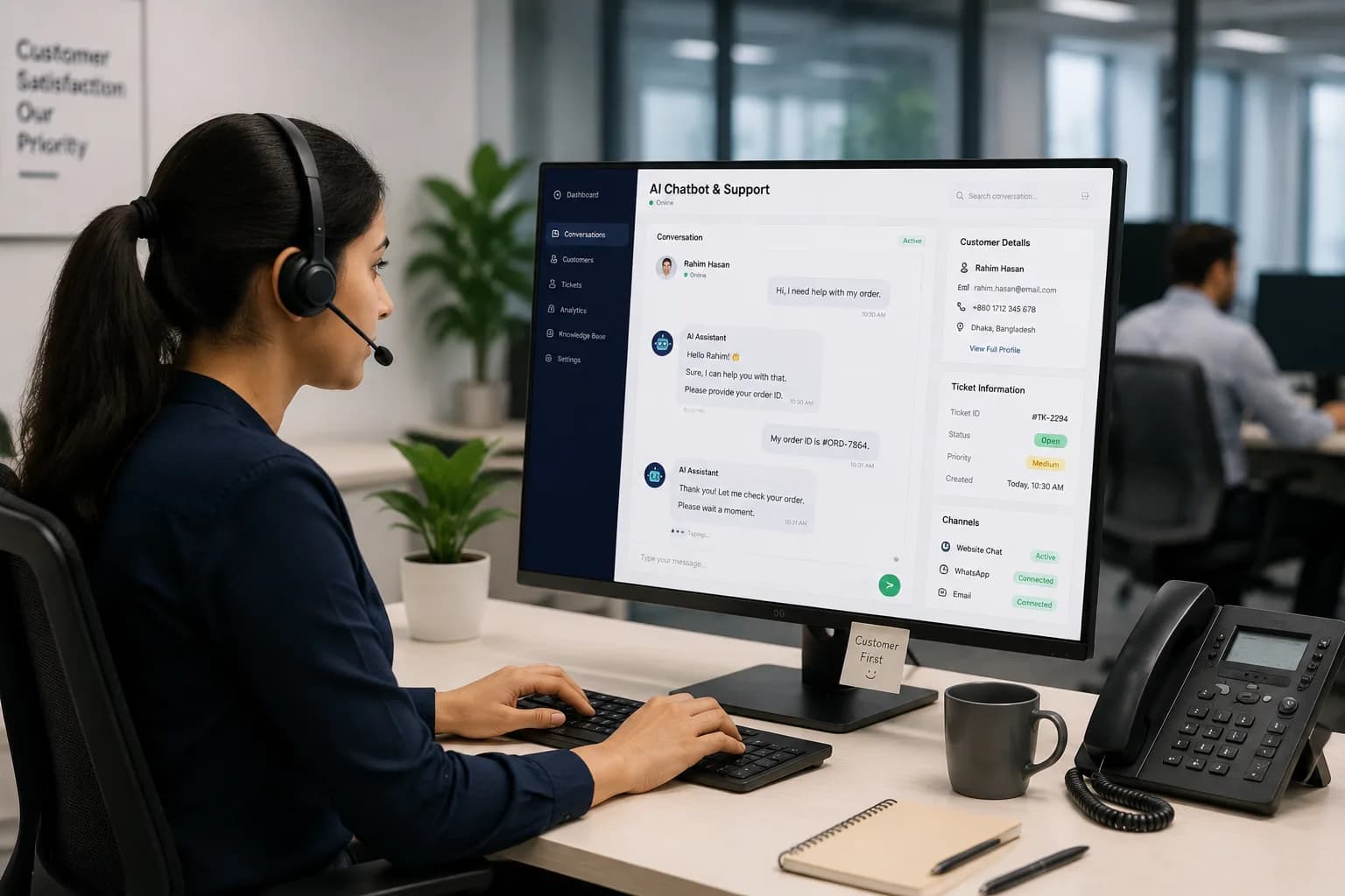 A support agent's AI Chatbot dashboard resolving a customer order query with a Bangladeshi phone number and address, alongside her live conversation