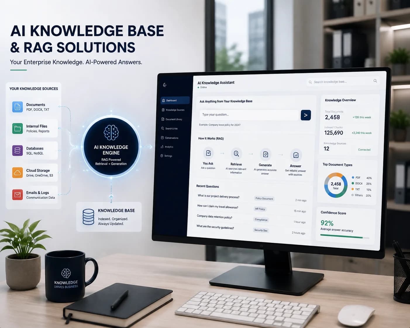 A knowledge assistant interface answering a policy question by retrieving it from a company's own documents, internal files and databases