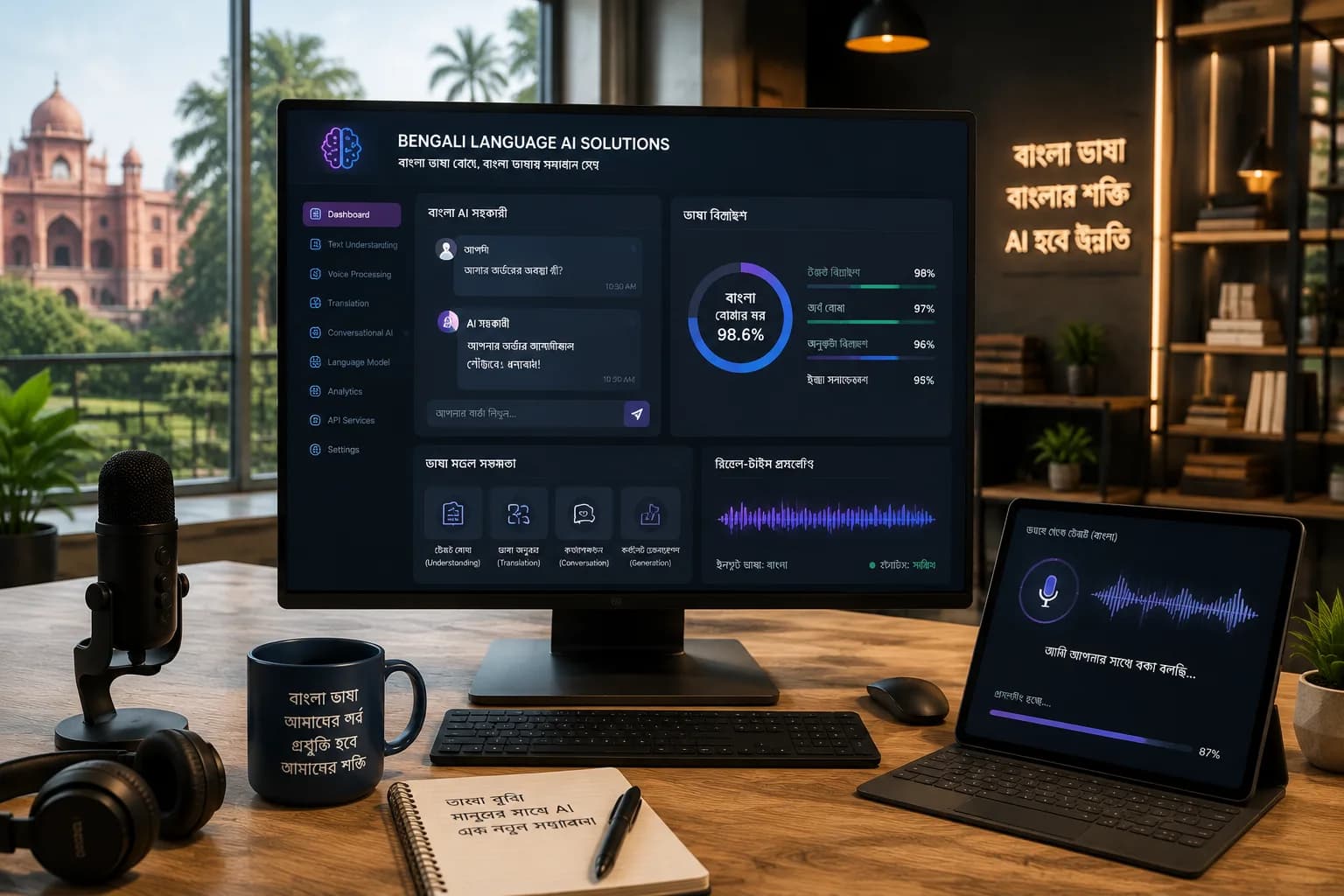 A Bangla-language AI dashboard with a Dhaka landmark visible through the window, showing conversation understanding and voice processing in Bangla