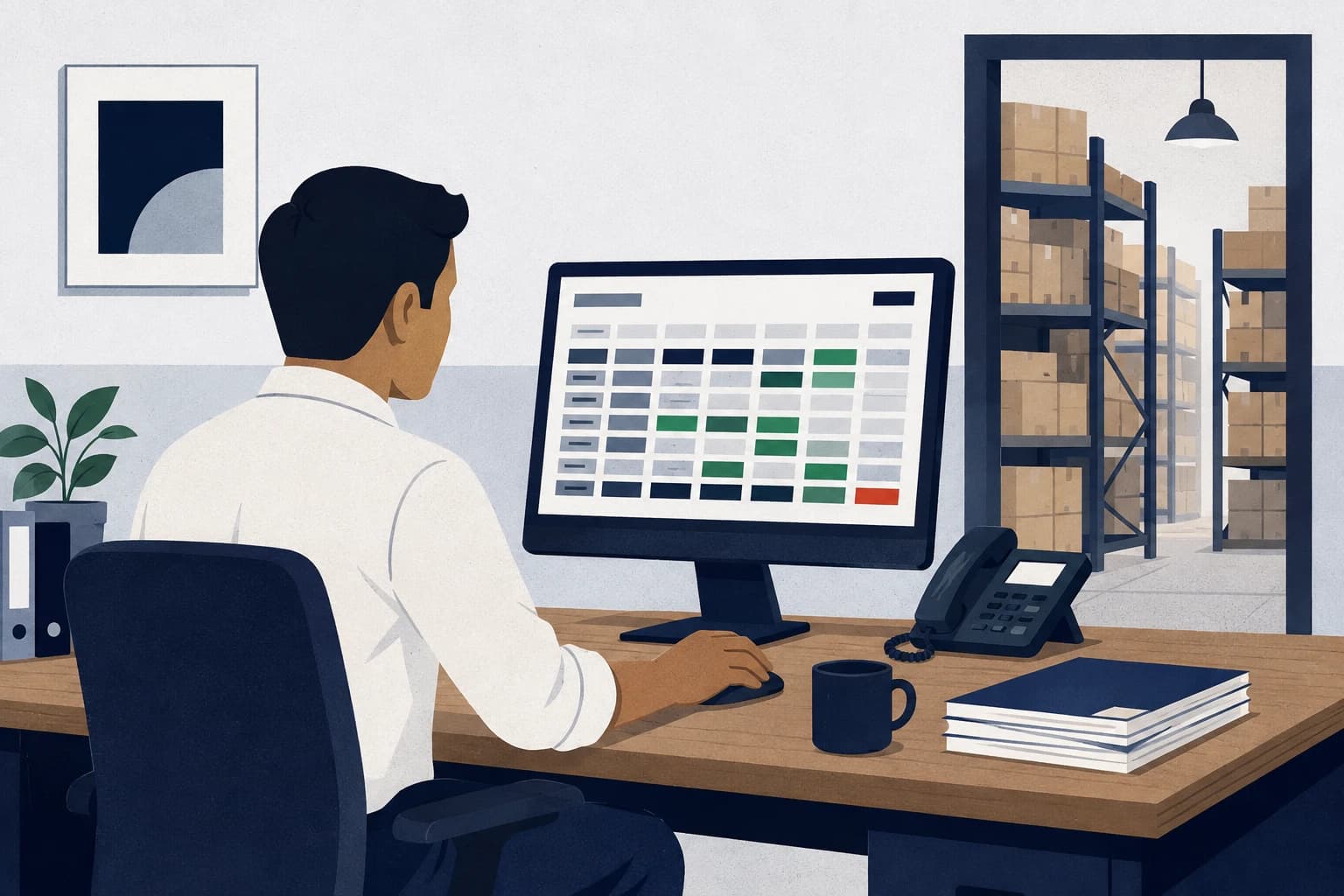 Operations manager reviewing a live stock and order dashboard at his desk, with the company's warehouse racking visible through the doorway behind him