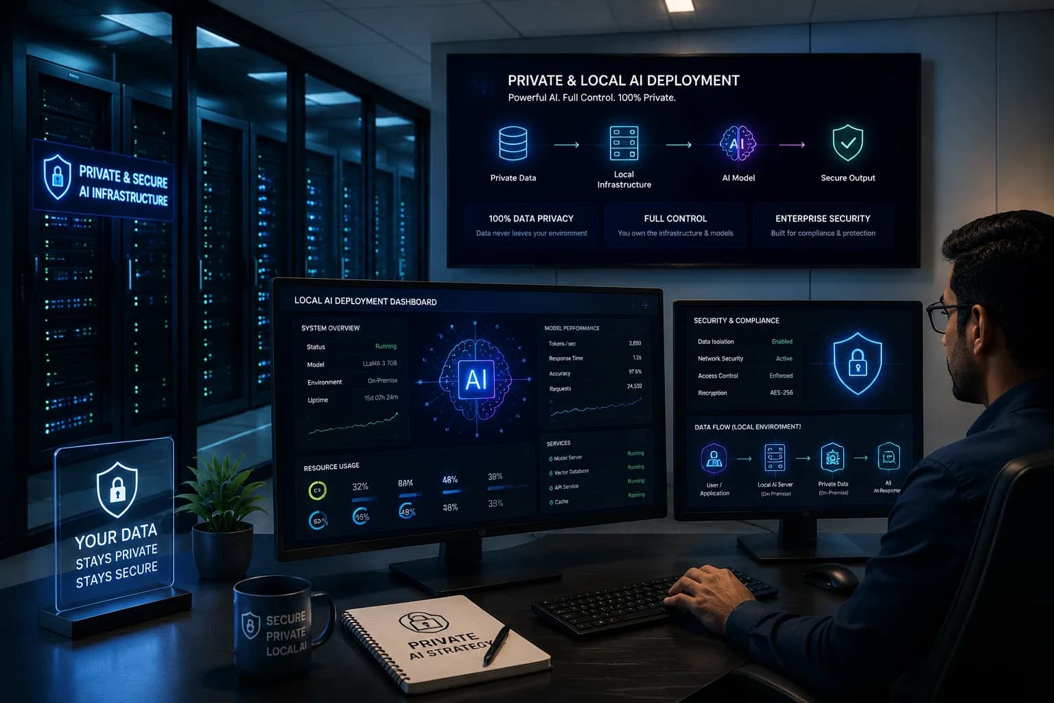 An engineer monitoring an on-premise AI deployment dashboard in a server room, showing the model running entirely inside the company's own infrastructure