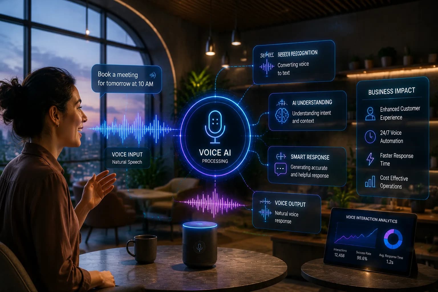 A person speaking a request to a voice assistant device, with the conversation flow — speech recognition, understanding and response — shown beside them