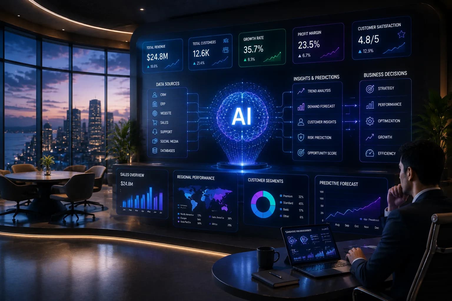 A manager reviewing a business intelligence wall display showing revenue, growth rate and predictive forecasts pulled from CRM, ERP and sales data