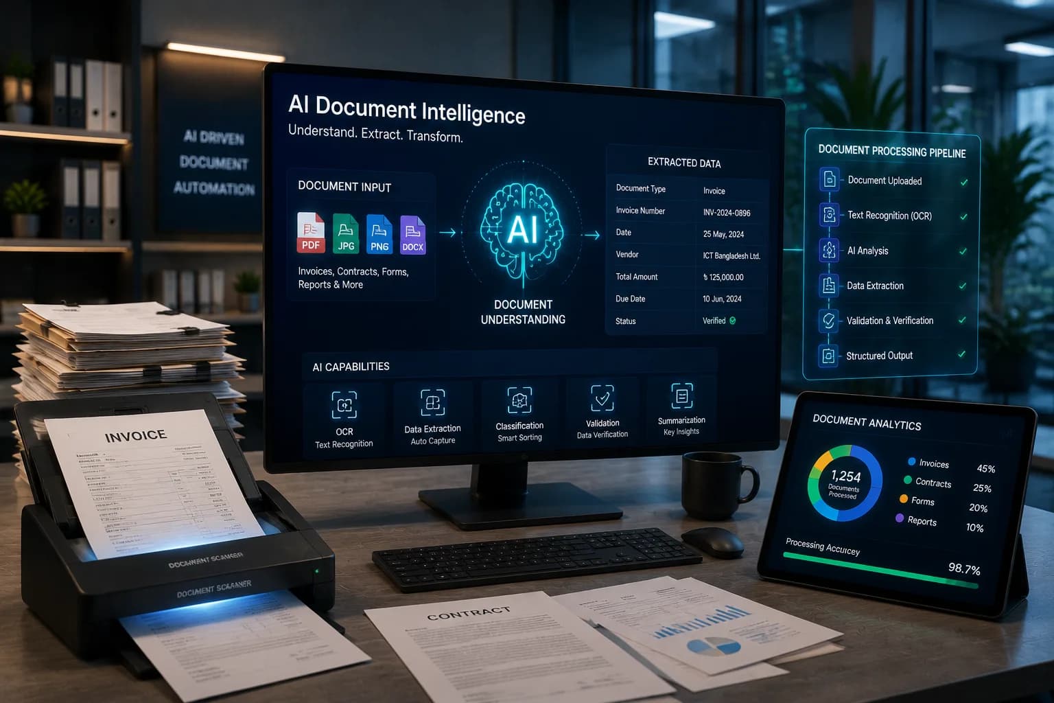 A stack of scanned invoices and contracts beside a screen showing the same data extracted automatically — vendor, amount, date and status