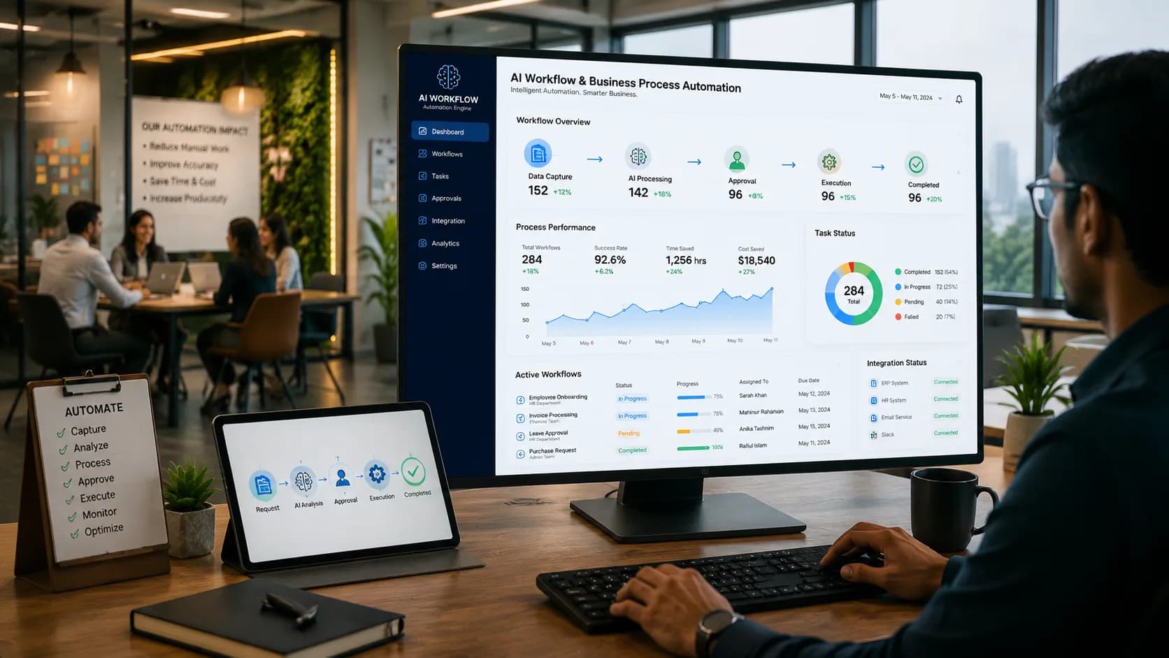 A team reviewing an automated workflow dashboard showing approvals, execution and completion status across their business processes