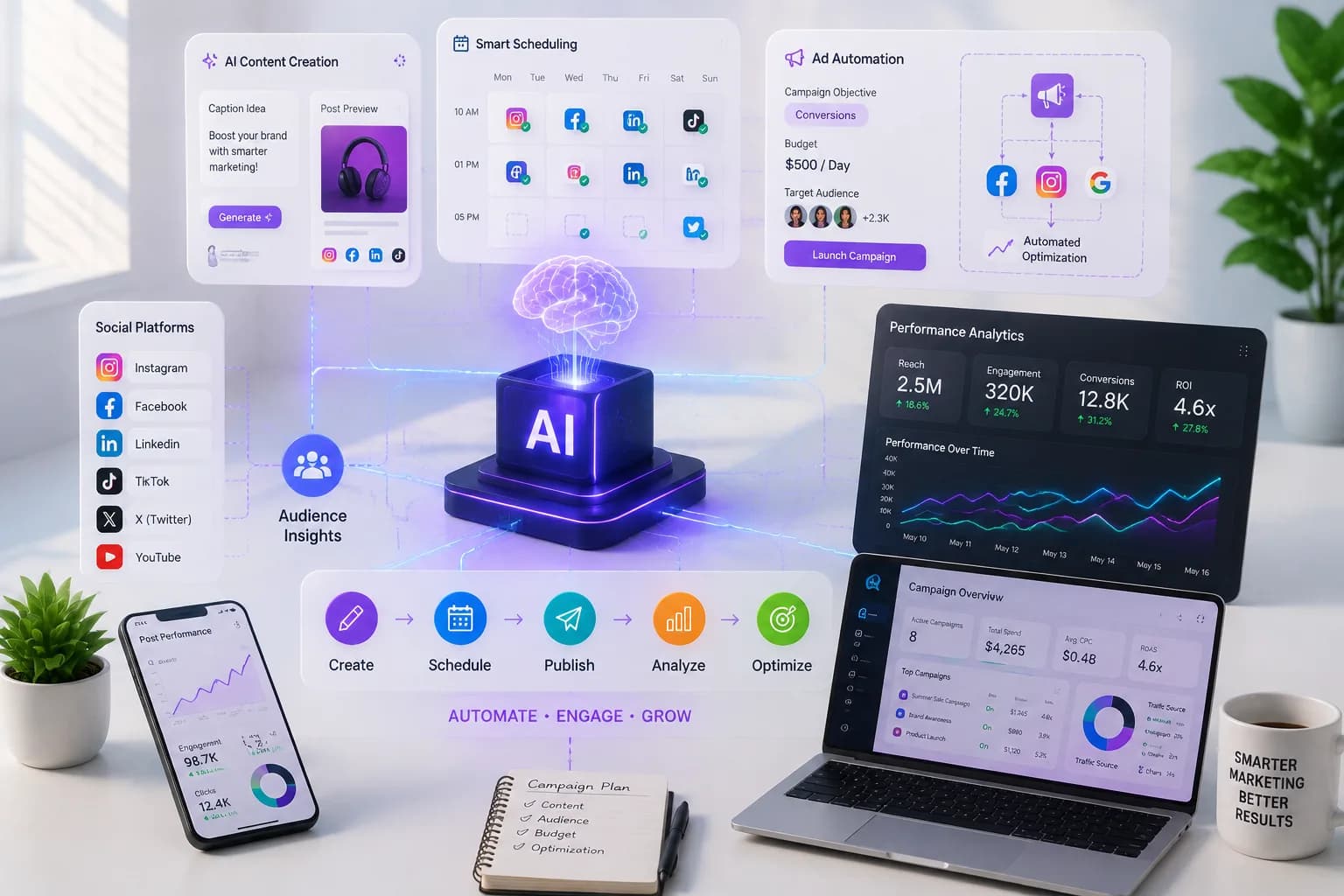 A marketing dashboard showing automated content scheduling, ad campaign performance and audience insights across Facebook, Instagram and other platforms