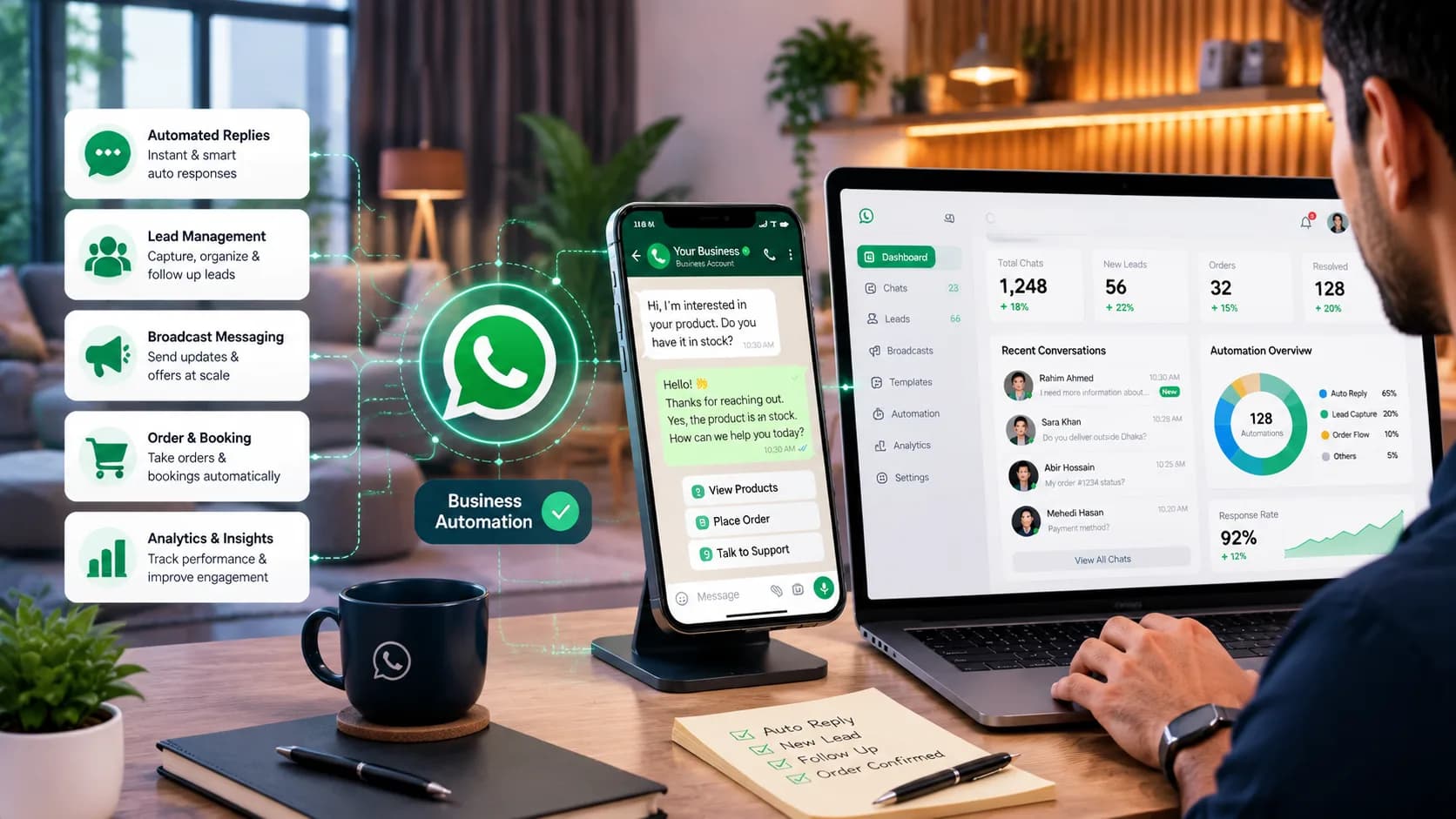 A business WhatsApp conversation answering a stock question automatically, next to a dashboard tracking chats, leads and orders across customers